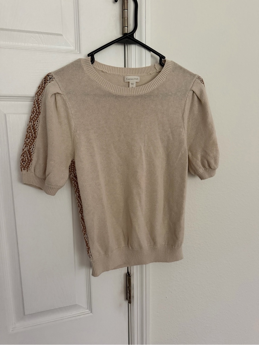 Garnet Hill Sienna Linen Organic Cotton Puff Sleeve Knit Sweater Beige XS